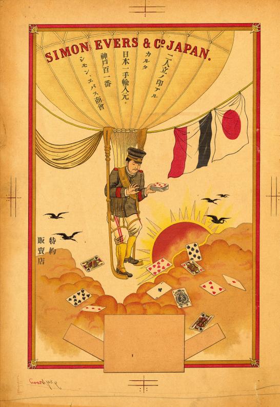 Man in uniform die vanuit een luchtballon (met Japanse tekens op) speelkaarten uitstrooit